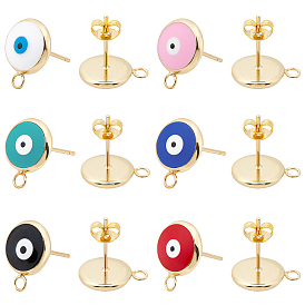 6Pairs 6 Color Eco-Friendly Brass Enamel Stud Earring Findings, with 12Pcs Brass Ear Nuts, Flat Round with Eviel Eye with Loop