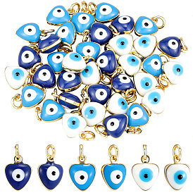36Pcs 3 Colors Brass Enamel Charms, with Jump Ring, Lead Free & Cadmium Free, Real 18K Gold Plated, Heart with Evil Eye Charm