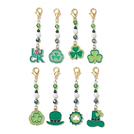 8Pcs 8 Styles Saint Patrick's Day Theme Alloy Enamel Pendant Decoration, Glass Beads and Lobster Claw Clasps Charms for Bag Ornaments