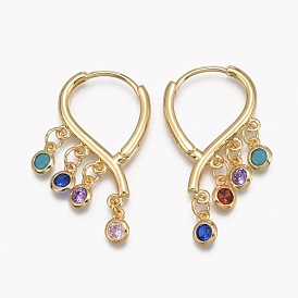 Серьги-кольца из латуни с микро-паве из фианита, плоско-круглые, красочный