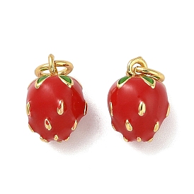 Rack Plating Brass Enamel Charm, with Jump Ring, Long-Lasting Plated, Cadmium Free & Lead Free, Strawberry Charm