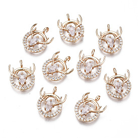 Brass Micro Pave Clear Cubic Zirconia Charms, Long-Lasting Plated, Cadmium Free & Lead Free, Flat Round with Deer
