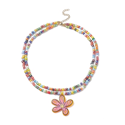 Transparent Printed Acrylic Flower Pendant Necklaces, Glass Beaded Double Strand Choker Necklace with 304 Stainless Steel Lobster Claw Clasps & Extender Chain, for Women