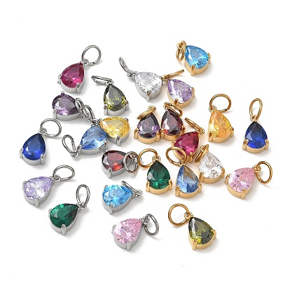 304 Stainless Steel Pave Cubic Zirconia Charms, Single Stone Charms, Teardrop Charms, Mixed Color
