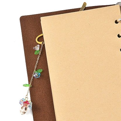 Synthetic Turquoise Skull & Acrylic & Glass Flower Charm Bookmarks, Alloy Hook Bookmarks