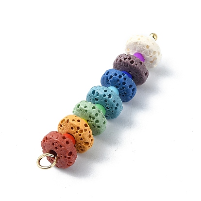 Chakra Natural Lava Rock Dyed Flat Round Pendants, Colorful Gems 304 Stainless Steel Glass Seed Beads Charms