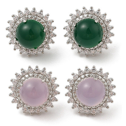 Серьги-гвоздики из натурального халцедона, с четким кубического циркония, платина