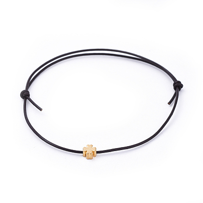 Adjustable Cowhide Leather Cord Bracelets, with Brass  Beads, Clover