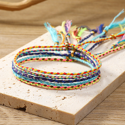 5Pcs 5 Colors Cotton Woven Braided Cord Bracelets Set, Adjustable Bohemian Ethnic Tribal Stackable Bracelets for Women