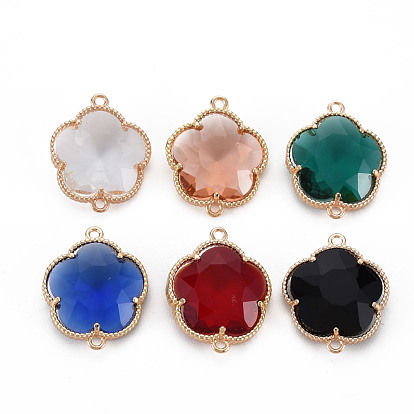 Glass Pendants, with Light Gold Tone Brass Findings, Long-Lasting Plated, Faceted, Flower