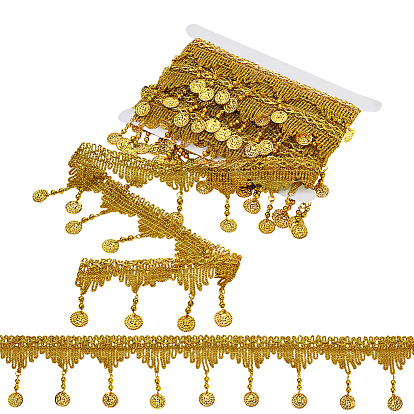 4.5m отделка из блестящего полиэстерового кружева с кисточками, кружевная отделка бахромой с пайетками и железными бусинами, плоско-круглые