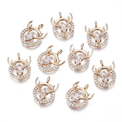 Brass Micro Pave Clear Cubic Zirconia Charms, Long-Lasting Plated, Cadmium Free & Lead Free, Flat Round with Deer