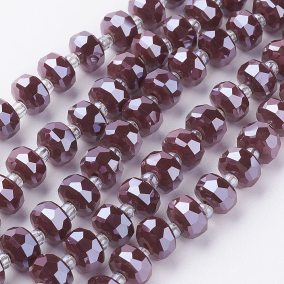 Electroplate Opaque Glass Beads Strands, Pearl Luster Plated, Faceted, Flat Round