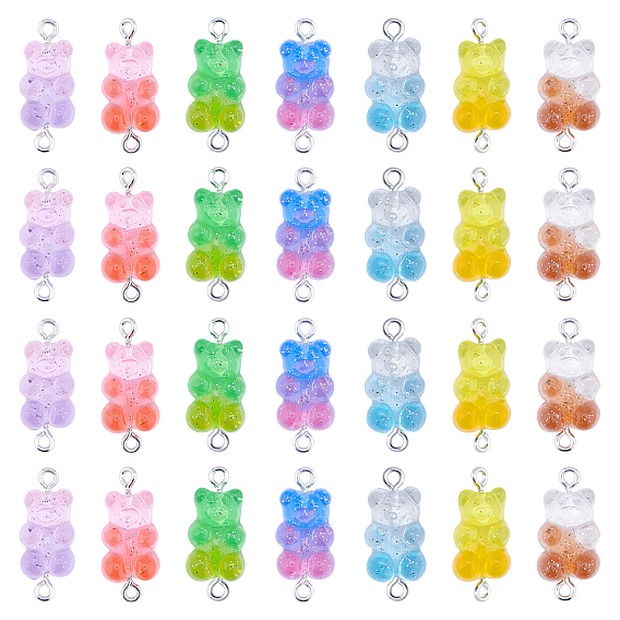 Transparent Resin Links, with Glitter Powder and Platinum Tone Iron Loops, Bear
