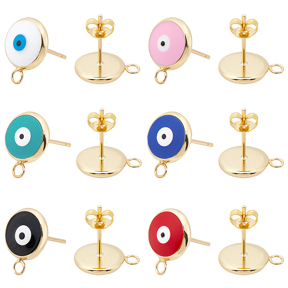 6Pairs 6 Color Eco-Friendly Brass Enamel Stud Earring Findings, with 12Pcs Brass Ear Nuts, Flat Round with Eviel Eye with Loop