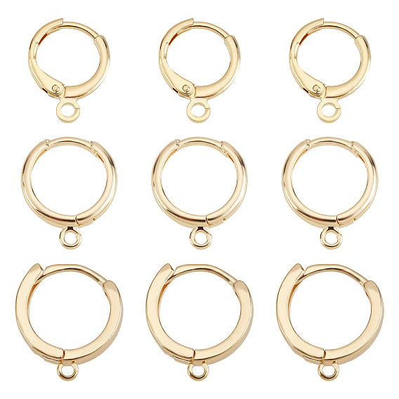 24Pcs 3 Size Brass Huggie Hoop Earring Findings, with Horizontal Loop, Nickel Free
