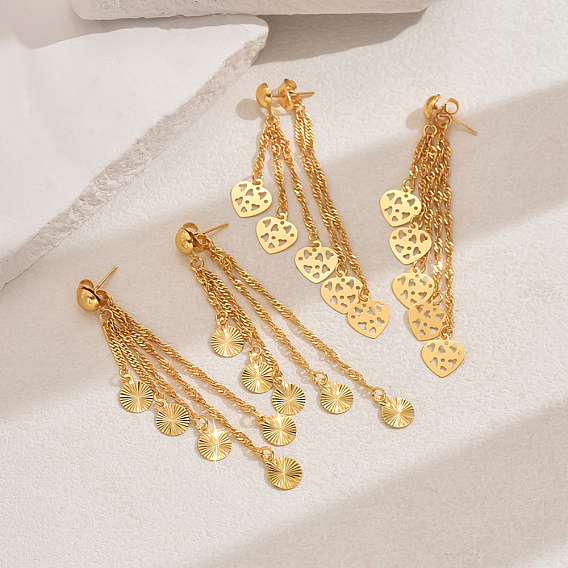 Винтажные шикарные серьги-гвоздики с кисточками, с несколькими сердечками/плоскими круглыми подвесками для женщин, золотые