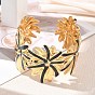 304 Stainless Steel Enamel Cuff Bangles for Women, Black Flower