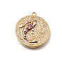 Brass Micro Pave Purple Cubic Zirconia Pendants, Flat Round with Koi Fish Charms