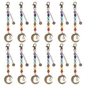 12 шт. круглые бусины из натуральных и синтетических драгоценных камней и подвеска в виде луны из сплава, с карабин-лобстерами 