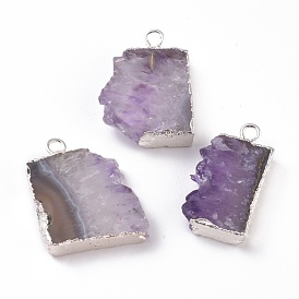 Natural Dyed Amethyst Slice Pendants, Plating Edge, with Brass Findings, Rectangle