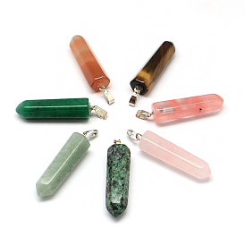 Mixed Pencil Gemstone Point Pendants, with Platinum Tone Brass Findings, 35x9x9mm, Hole: 6x2mm
