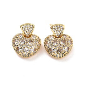 Clear Cubic Zirconia Heart Dangle Stud Earrings, Brass Jewelry for Valentine's Day