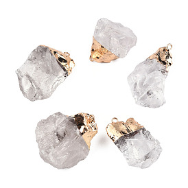 Rough Raw Natural Quartz Crystal Pendants, Rock Crystal Pendants, with Golden Tone Iron Findings, Nuggets Charm