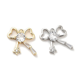 Brass Micro Pave Clear Cubic Zirconia Charms, with Glass, Bowknot