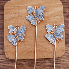 Iron Hair Stick Findings, with Alloy Cornflower Blue Enamel Findings, Double Butterfly
