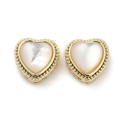 Brass Hollow Heart Beads with Natural White Shell