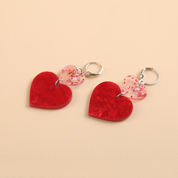 Pendientes de hierro acrílico con cierre de palanca para el día de San Valentín, corazón, cuelga los pendientes para las mujeres, Platino