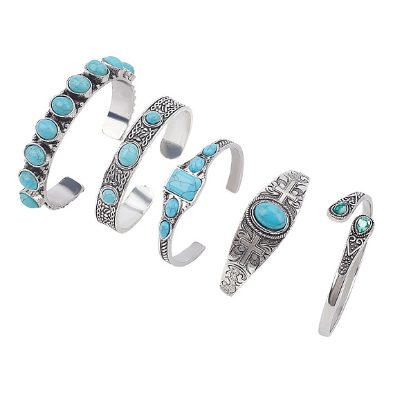 6шт. 6 стили браслетов-манжет из синтетического сплава с бирюзой для женщин, разнообразные