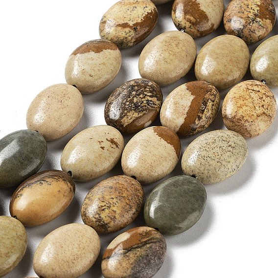 Natural Picture Jasper Beads Strands, Flat Oval