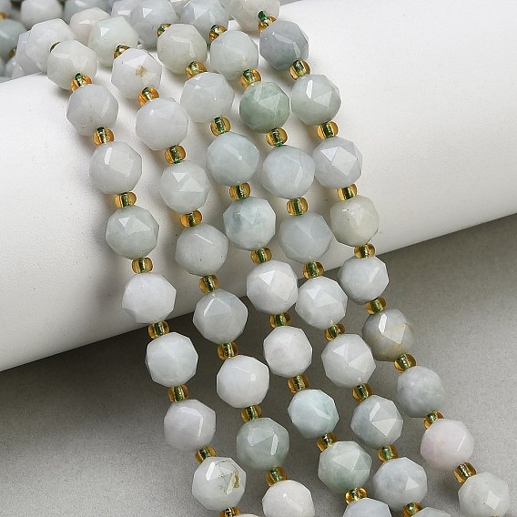 Natural Myanmar Jade Jadeite Jade Beads Strands, Star Cut Round Beads, Faceted, with Seed Beads