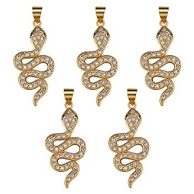 5Pcs Brass Micro Pave Cubic Zirconia Pendants, Long-Lasting Plated, Snake, Clear