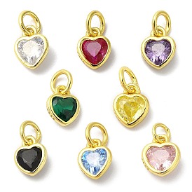 925 Sterling Silver Birthstone Charms, with Single Cubic Zirconia, Heart, Golden, with Jump Ring