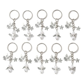 10pcs 5 styles porte-clés ange en alliage et perles de verre, avec des anneaux de fer