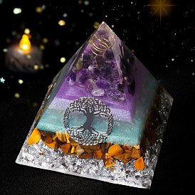 Tree of Life Orgonite Pyramid Resin Energy Generators, Reiki Natural Mixed Gemstone Chips Inside for Home Office Desk Decoration