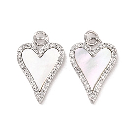 Brass Micro Pave Clear Cubic Zirconia Pendants, with Natural White Shell and Jump Ring, Heart