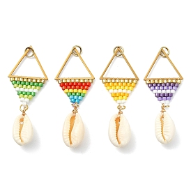 Glass Seed Beaded Big Pendants, Rhombus Charm, with 304 Stainless Steel Linking Ring & Jump Ring & Natural Cowrie Shell