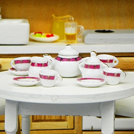 Мини-керамический чайный сервиз, включая чайники, чашки, тарелки, для аксессуаров для кукольного домика, притворяясь опорными украшениями