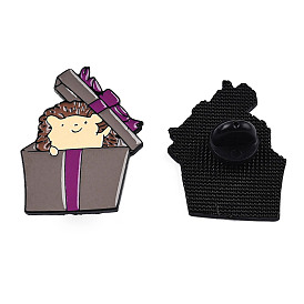 Hedgehog Gift Box Enamel Pin, Electrophoresis Black Plated Alloy Animal Badge for Backpack Clothes, Nickel Free & Lead Free