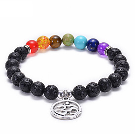 Natural Stone Beaded Bracelet with Lava Rock and Lotus Tree Pendant