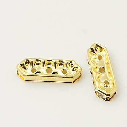 Brass Rhinestone Bridge Spacers, with 6 pcs Clear Middle East Rhinestone Beads, 3 Holes, Nickel Free, 16x5x3mm, Hole: 1mm