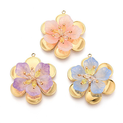 304 подвески из нержавеющей стали, цветок, со стеклом, реальный 18 k позолоченный, ионное покрытие (ip)