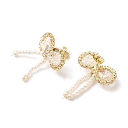 Bowknot Brass Micro Pave Cubic Zirconia Stud Earrings, with ABS Imitation Pearl