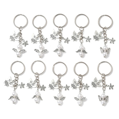 10pcs 5 styles porte-clés ange en alliage et perles de verre, avec des anneaux de fer