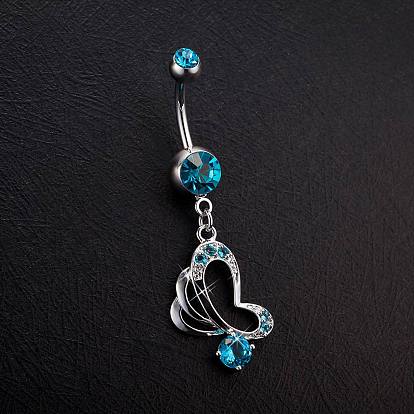 Piercing Jewelry Real Platinum Plated Brass Rhinestone Butterfly Navel Ring Belly Rings, 50x16mm