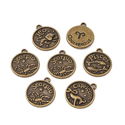 Tibetan Style Alloy Pendants, Cadmium Free & Lead Free, Flat Round with Mixed Constellation/Zodiac Sign, 20x17x2mm, Hole: 2mm, about 175pcs/500g